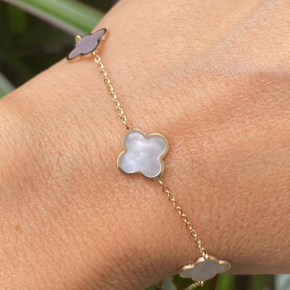 Italian 14K Gold Inlay Mother of Pearl Clover Station Bracelet